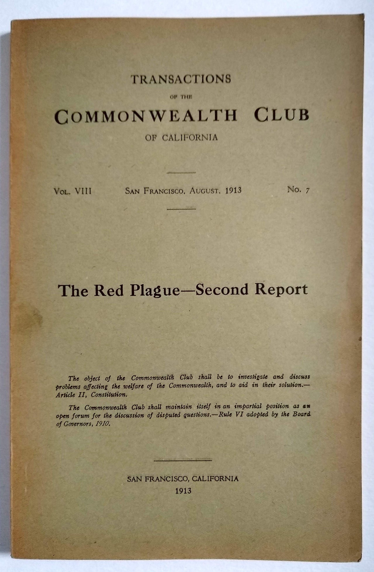 (Sexual Health) (Prostitution) (California) Transactions of the Commonwealth Club of California, 1911; 1913.
