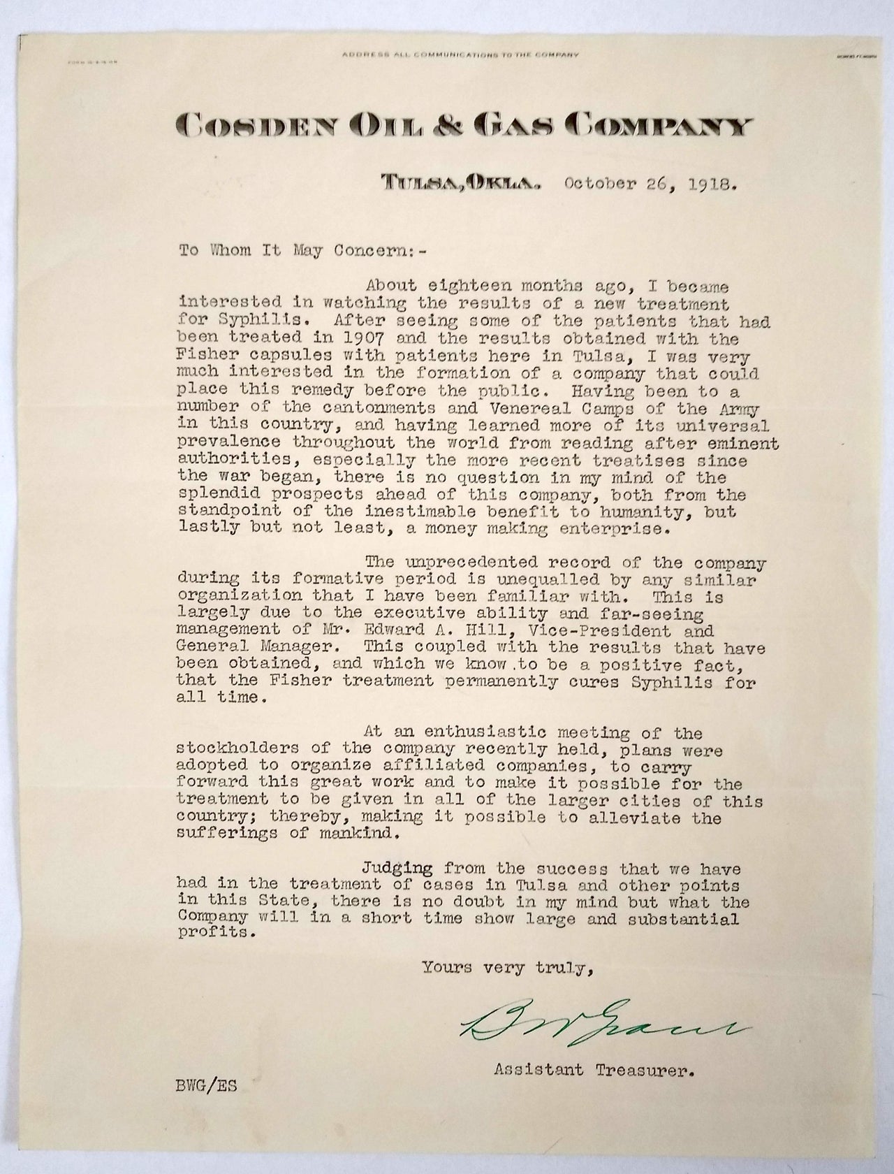 (Sexual Health) (Quackery) Letter promoting a new treatment for syphilis, 1918.