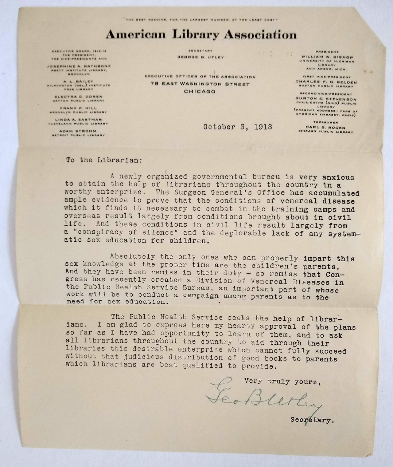 (Sexual Health) Two letters soliciting librarians ’ help fighting venereal disease.