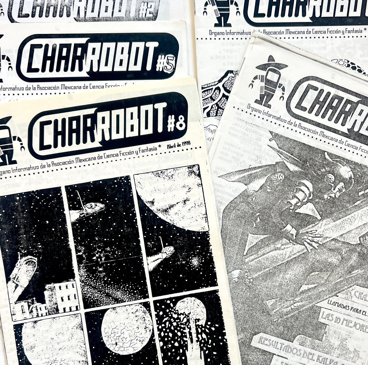 Charrobot: Organo Informativo de la Asociación Mexicana de Ciencia Ficción y Fantasía. Nos. 2-5, 8.
