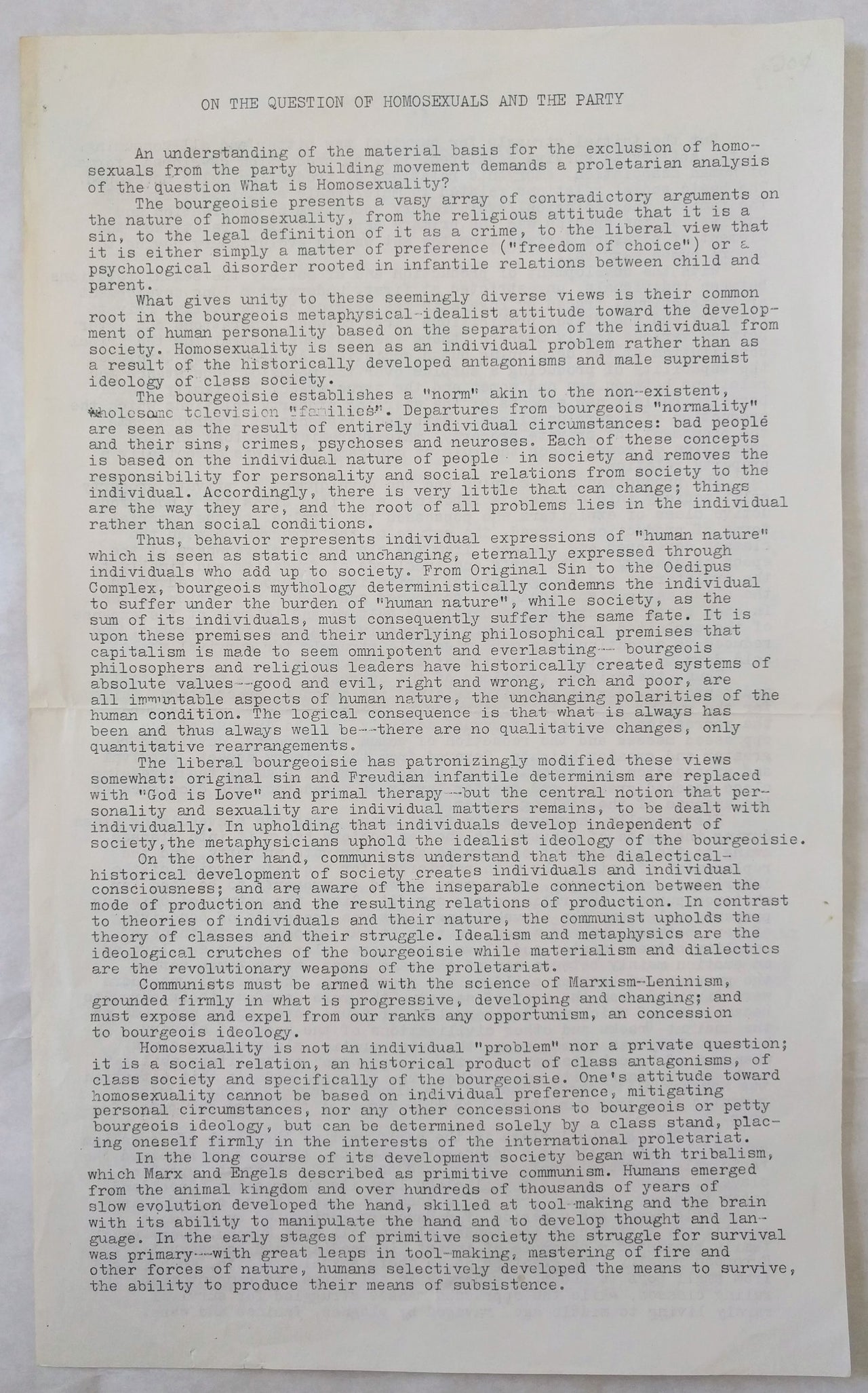 On the Question of Homosexuals and the Party.