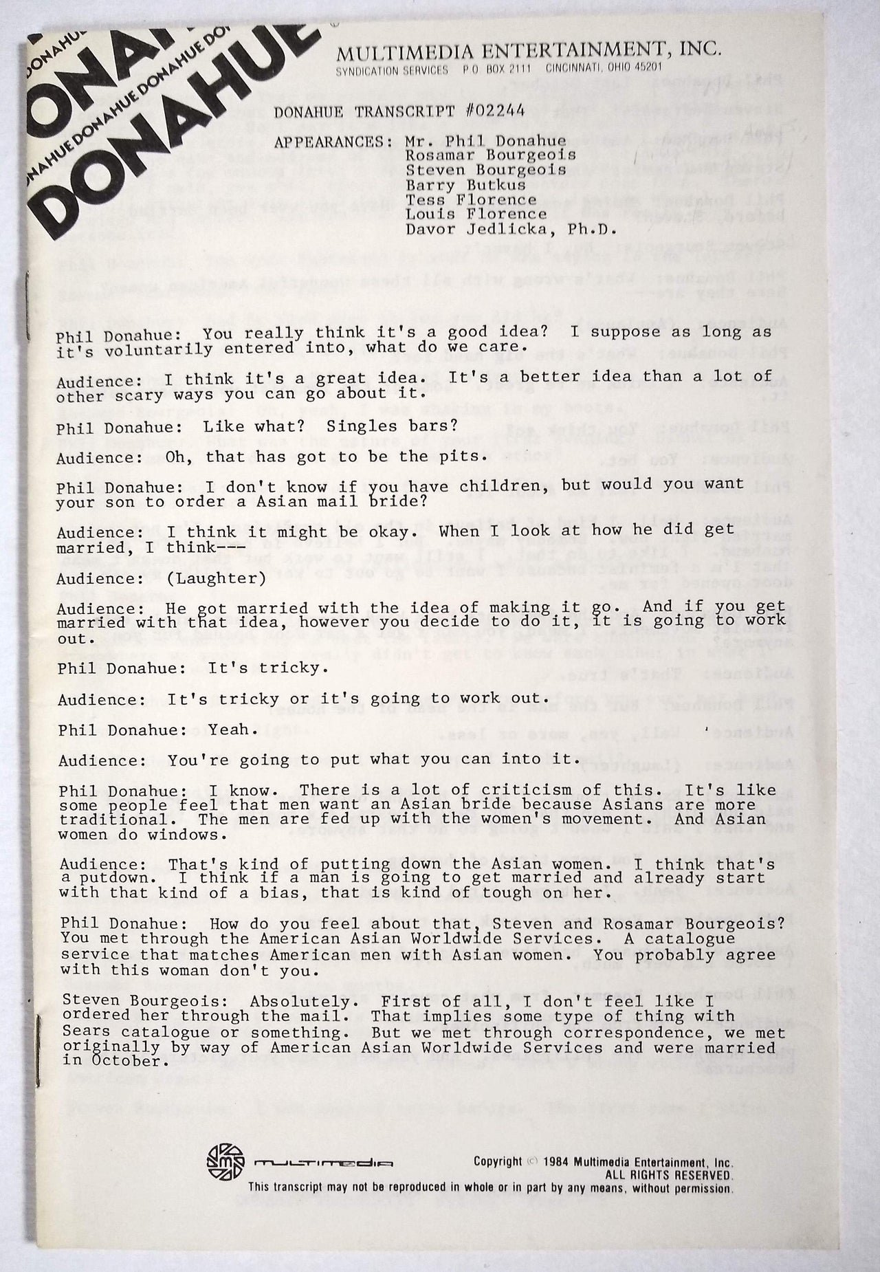 (Dating) (Asian-American) Donahue Transcript 02244.