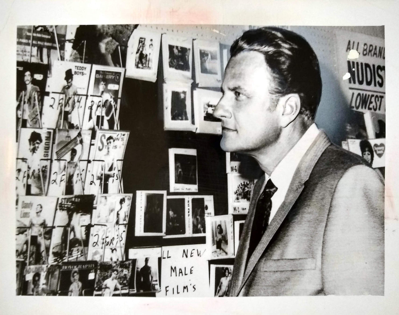 Press Photo of Billy Graham in Times Square Sex Shop.