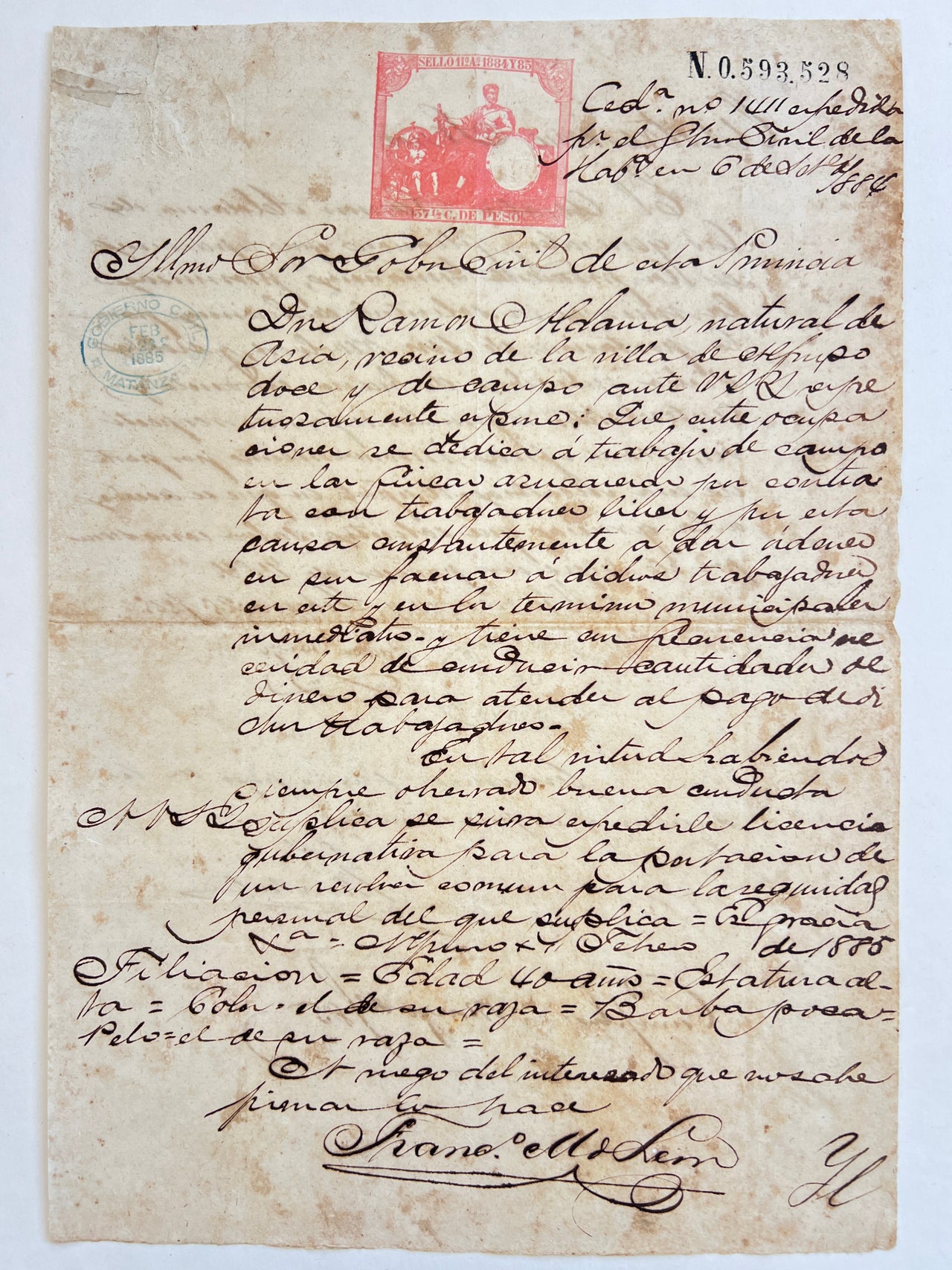 Manuscript Document Requesting a Gun License for a Chinese Laborer in Cuba.