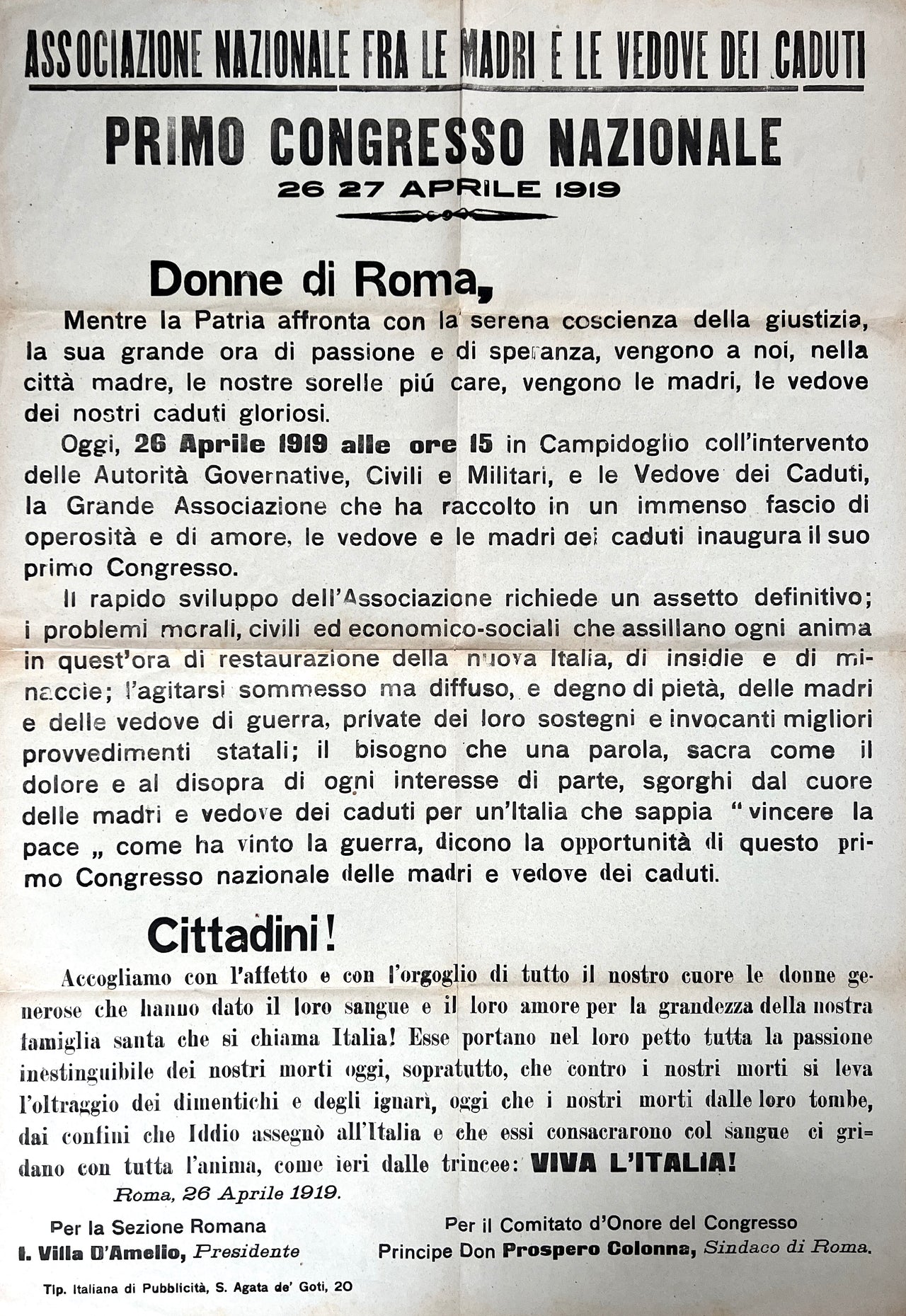 Primo Congresso Nazionale, 26 27 Aprile 1919. Donne di Roma [...].