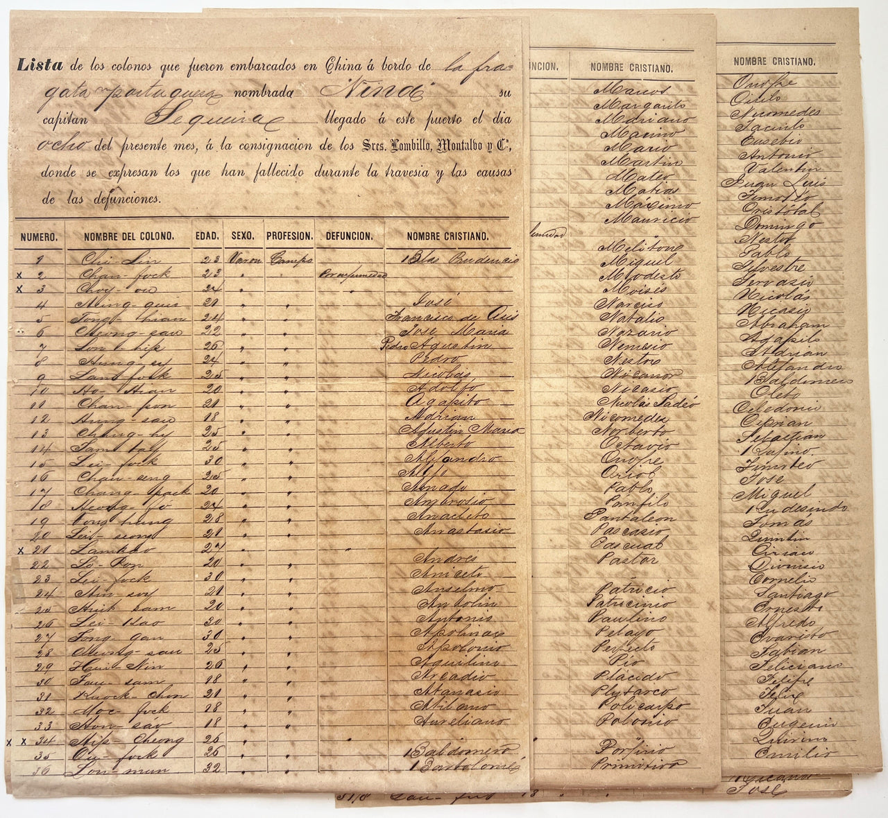 Eight Manuscript Ship Manifests of Chinese Laborers Departing Macao for Havana.