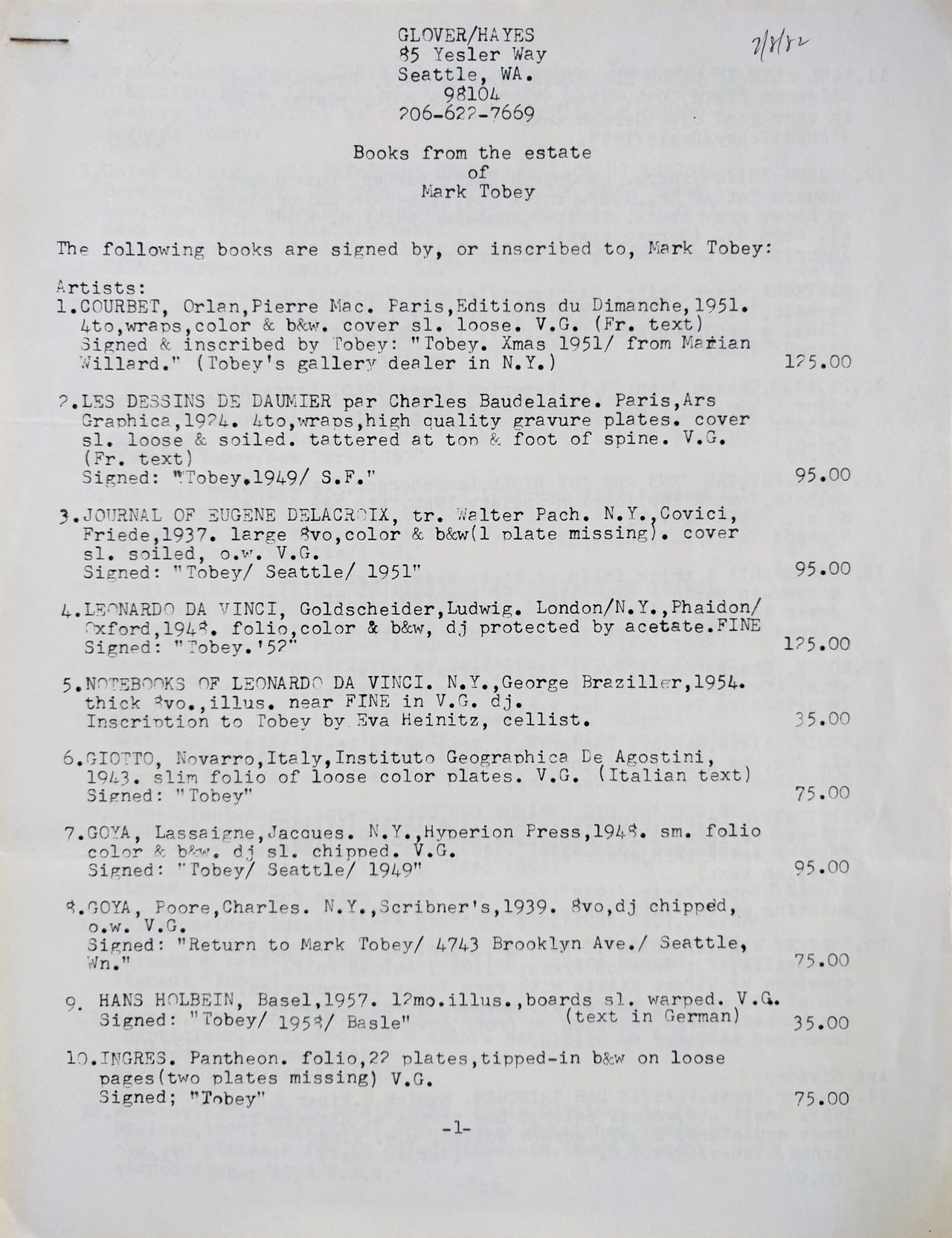 Books from the estate of Mark Tobey.